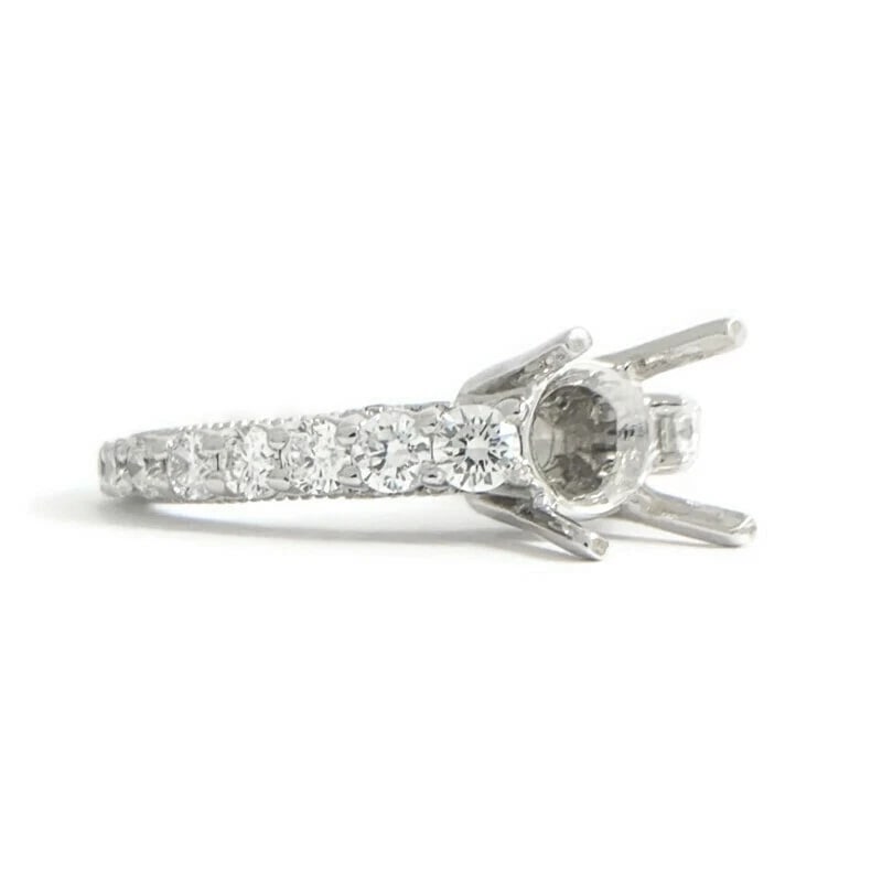 Side Milgrain Round Diamond Engagement Ring Setting Mounting 18K White Gold