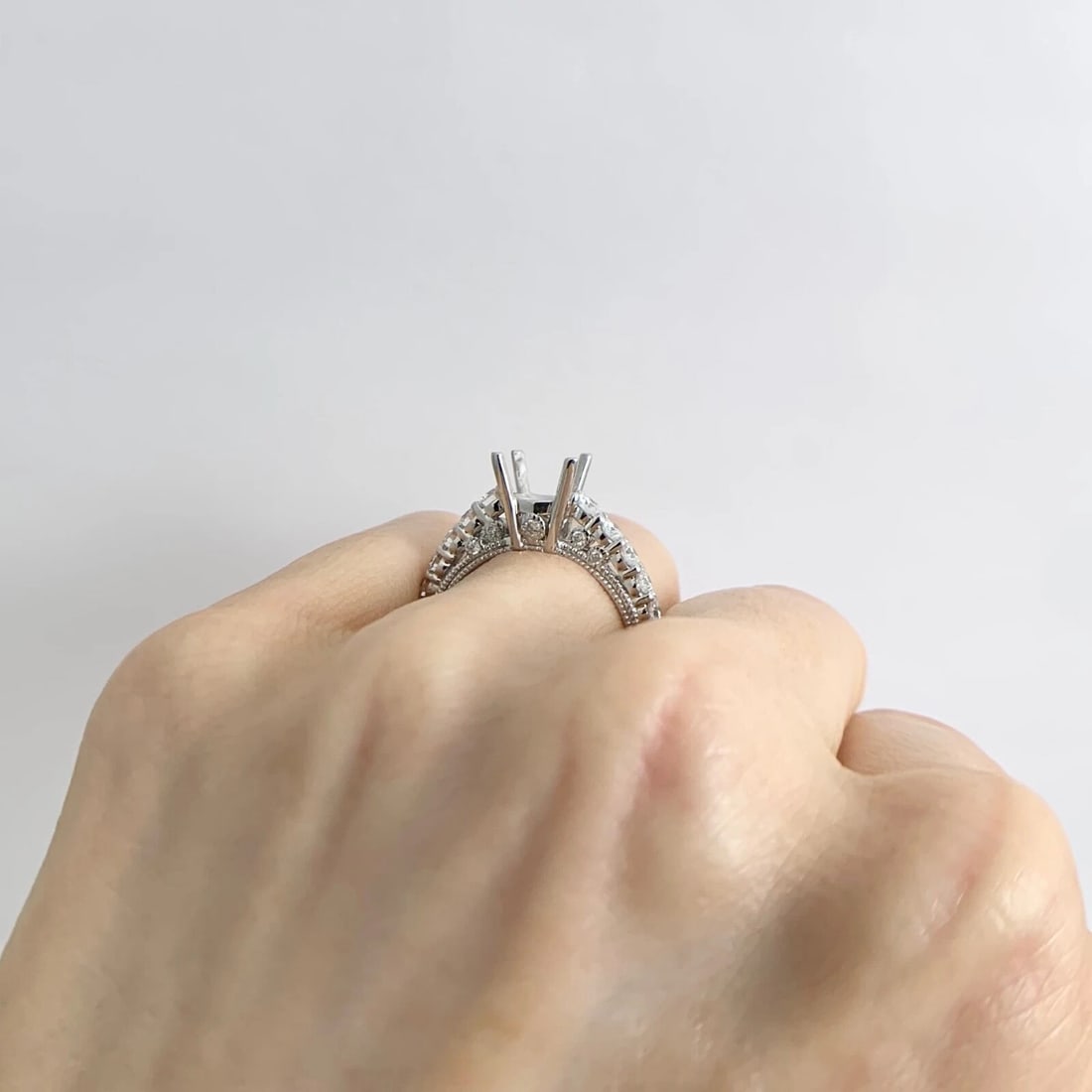 Side Milgrain Round Diamond Engagement Ring Setting Mounting 18K White Gold - 4