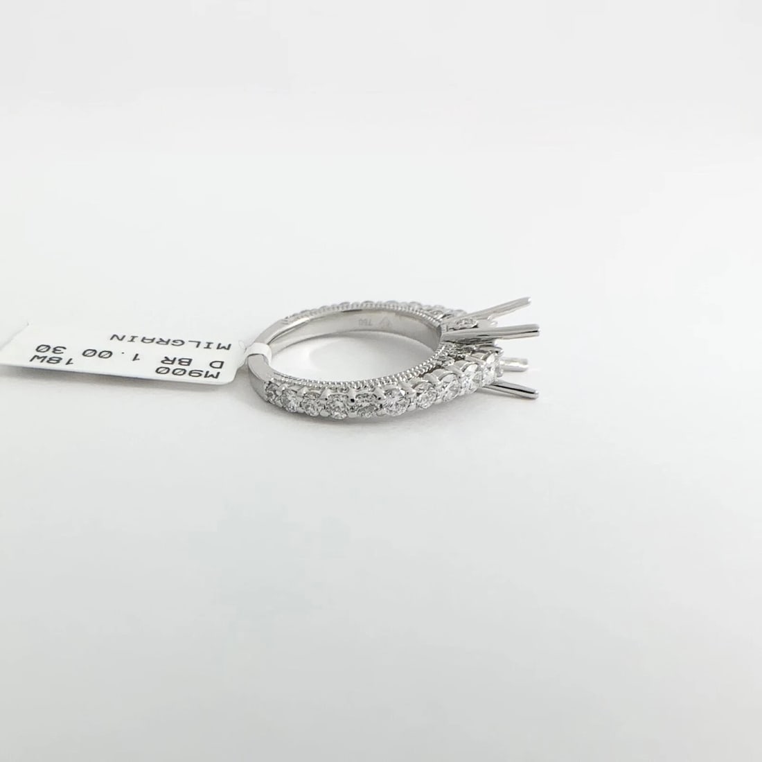 Side Milgrain Round Diamond Engagement Ring Setting Mounting 18K White Gold - 8