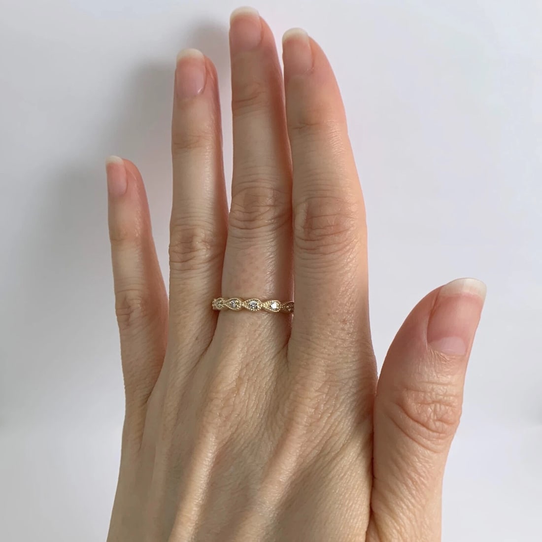 Pear Milgrain Diamond Eternity Ring Wedding Band 14K Yellow Gold, Size 6.5 - 3