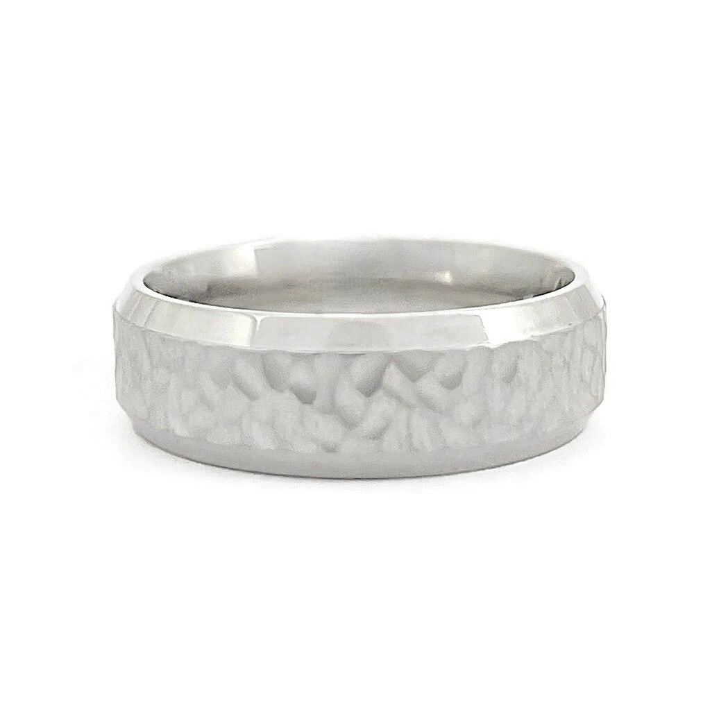Men's Wide Hammered Beveled Edge Wedding Band Ring 14K White Gold, Size 10, 7 mm: Men's Wide Hammered Beveled Edge Wedding Band Ring 14K White Gold, Size 10, 7 mm This is a unique wedding band ring. Metal: 14K white gold Weight: 9.63 grams Stamped: 14K Size: 10 (can be stretched fo
