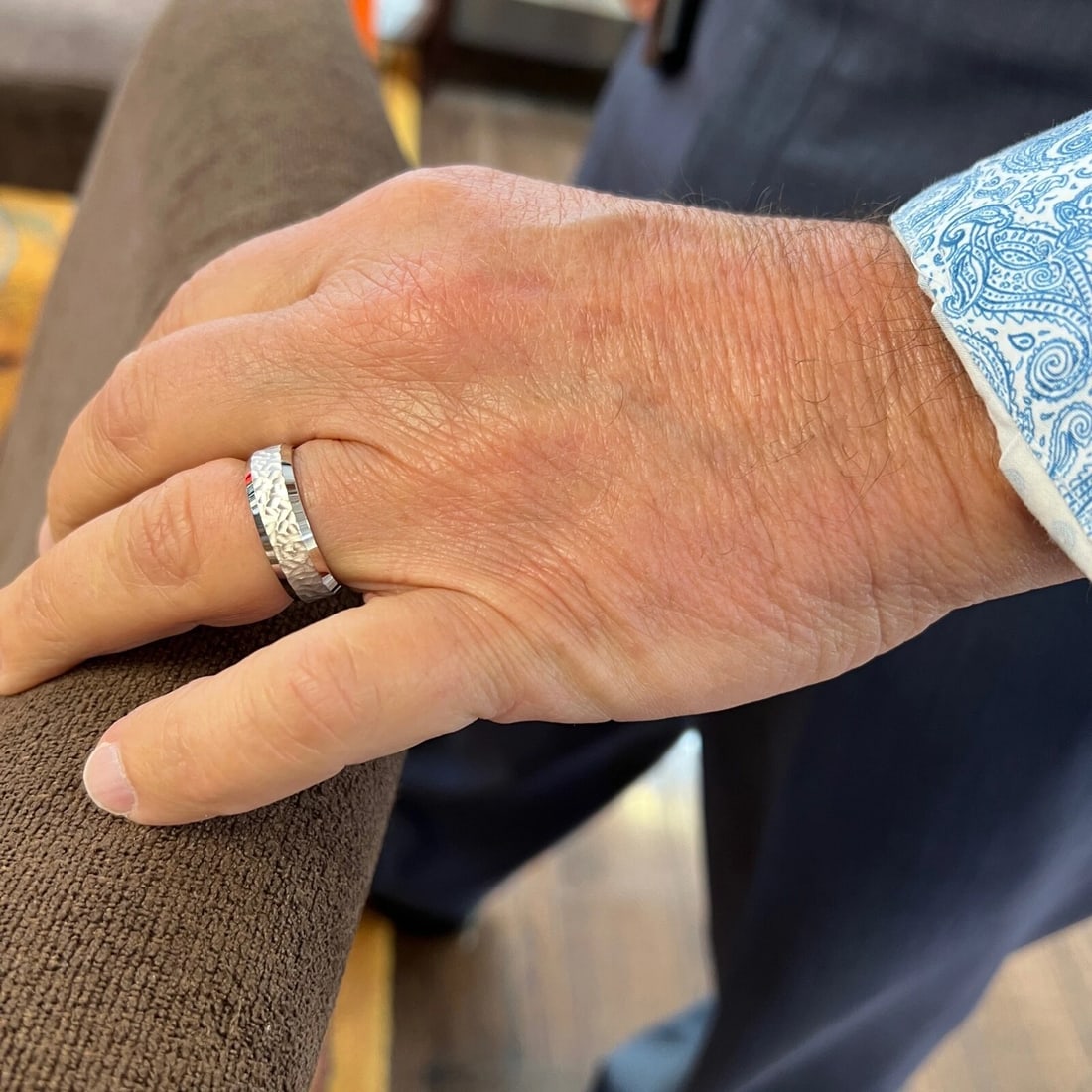 Men's Wide Hammered Beveled Edge Wedding Band Ring 14K White Gold, Size 10, 7 mm - 2