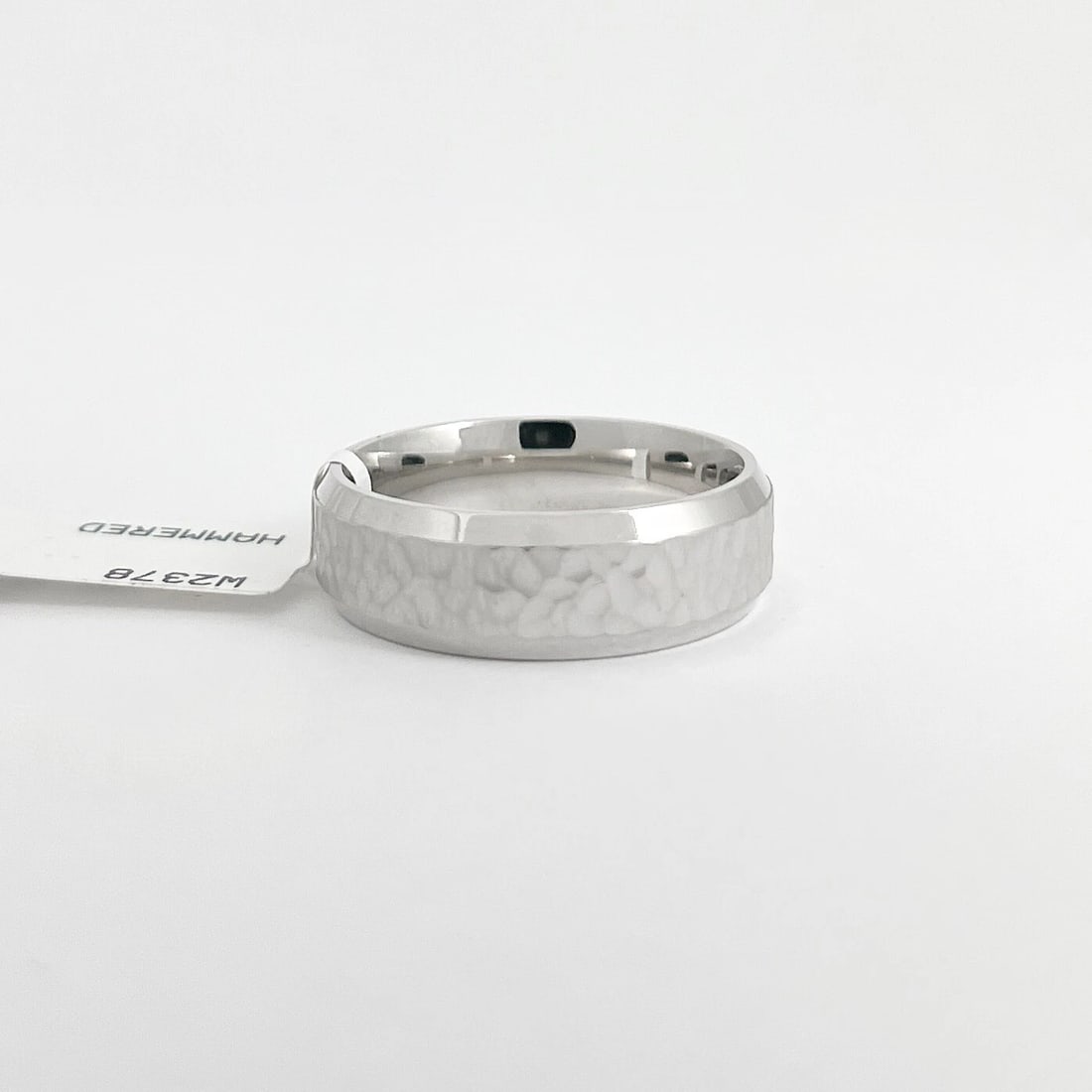 Men's Wide Hammered Beveled Edge Wedding Band Ring 14K White Gold, Size 10, 7 mm - 6