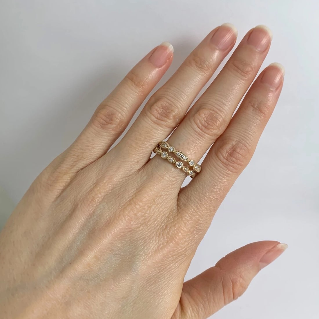 Marquise Round Milgrain Diamond Eternity Ring Wedding Band 14K Yellow Gold, Sz 7 - 6