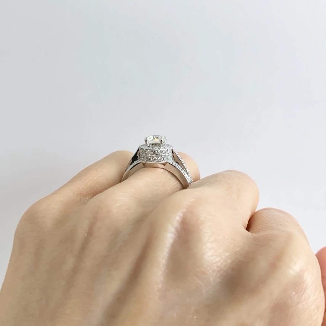 Round 3-Row Wide Halo Diamond Engagement Ring 14K White Gold 1.57 CTW - 6