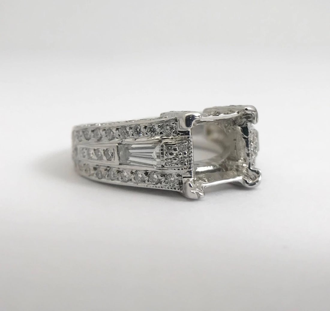 Pave Baguette Diamond Engagement Ring Setting Mounting 14K White Gold, 2.45 CTW - 9