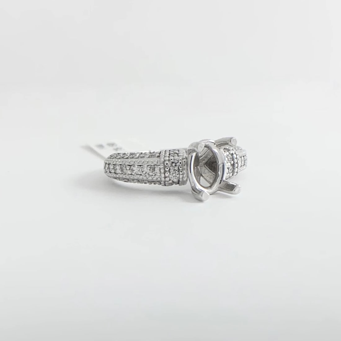 Oval Milgrain Pave Diamond Engagement Ring Setting Mounting 14K White Gold - 8