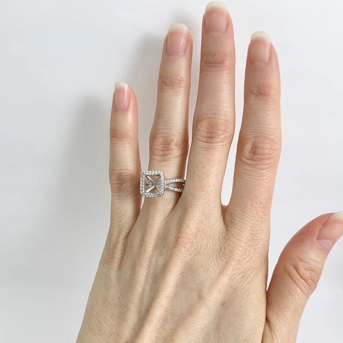 Cushion Halo Split Shank Diamond Engagement Ring Setting Mounting 14K White Gold - 3