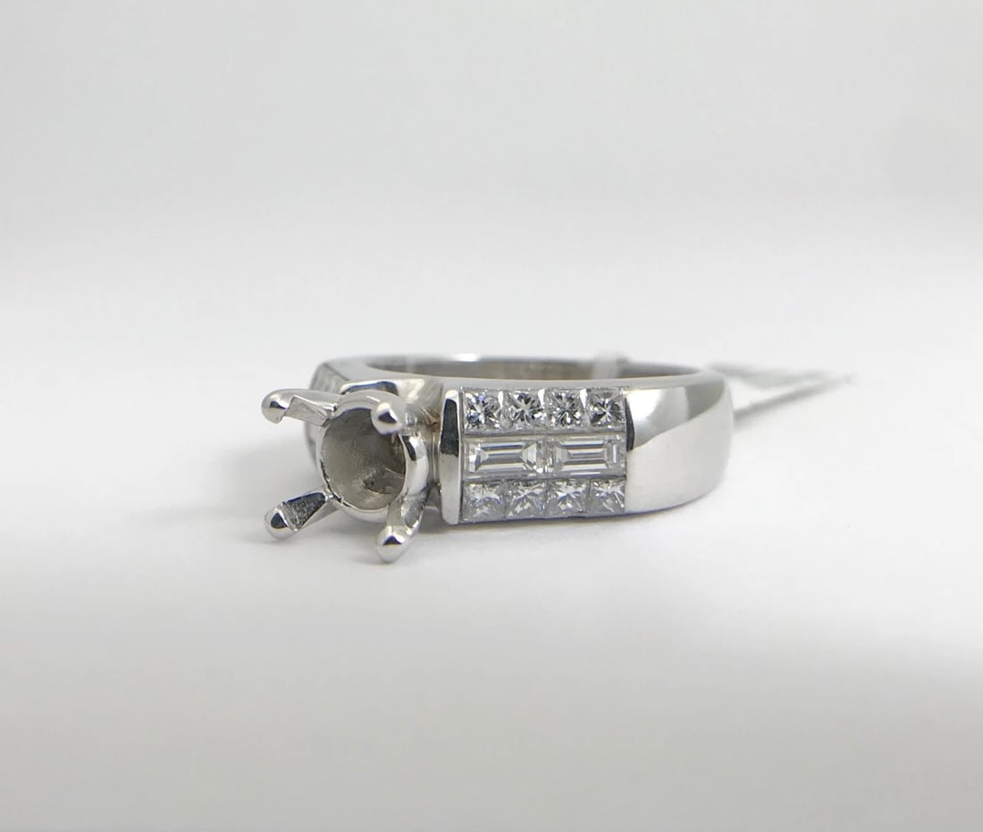 Wide Baguette Princess Diamond Platinum Engagement Ring Setting Mounting .85 CTW - 8