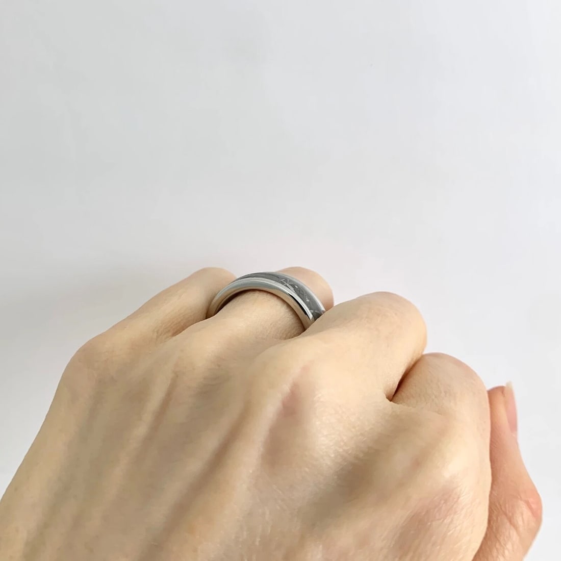 Men's Wide Grey Meteorite Insert Wedding Band Ring in Tungsten, Size 10, 8 mm - 6