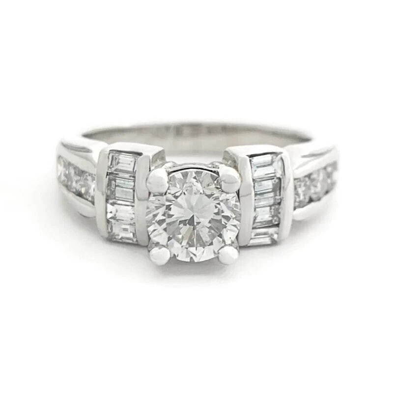 EGL Round Diamond Gemlock-Set Baguette Engagement Ring 14K White Gold 1.39 CTW: EGL Round Diamond Gemlock-Set Baguette Engagement Ring 14K White Gold 1.39 CTW This is a gorgeous diamond ring! Diamonds: 1.39 ctw; 1 round brilliant cut, .74 ct, H, VS2; 8 baguettes .24 ctw, H-I, VS2