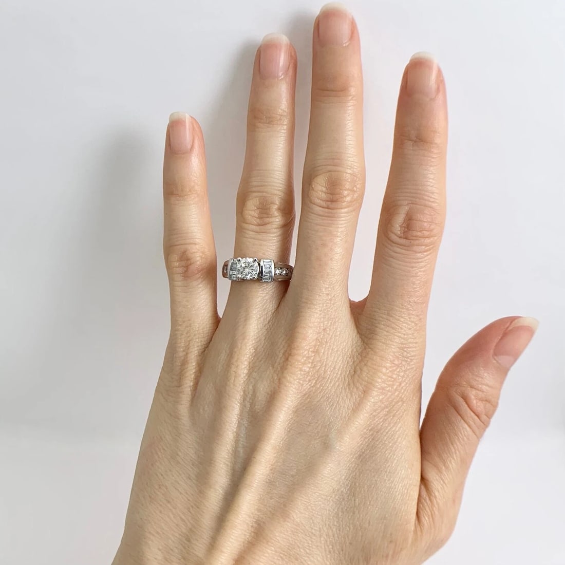 EGL Round Diamond Gemlock-Set Baguette Engagement Ring 14K White Gold 1.39 CTW - 2