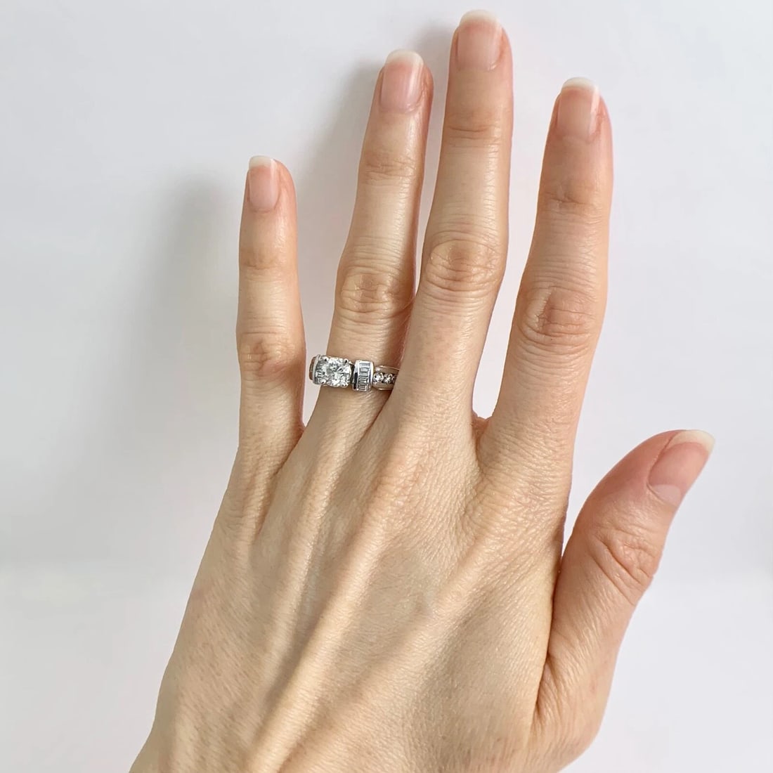 EGL Round Diamond Gemlock-Set Baguette Engagement Ring 14K White Gold 1.39 CTW - 3