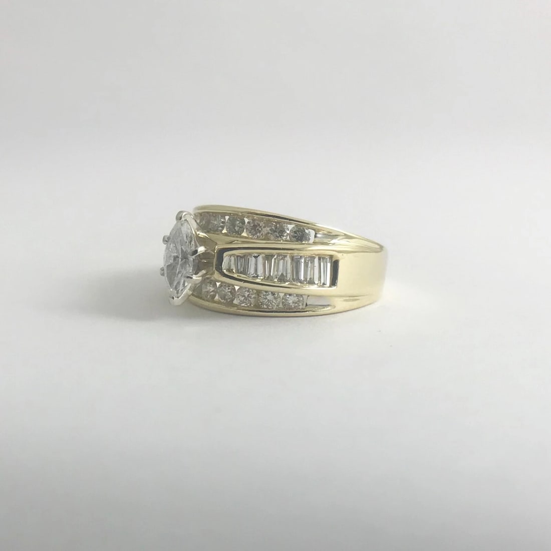 Wide Marquise Baguette Diamond Engagement Ring 14K Yellow Gold 1.35 CTW, 7.33 Gr - 11