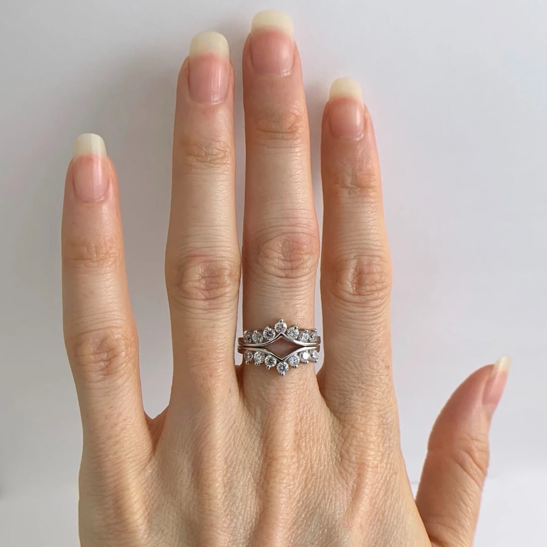 CZ Cubic Zirconia Curved Matching Wedding Band Ring Set 14K White Gold, 3.65 Gr - 2