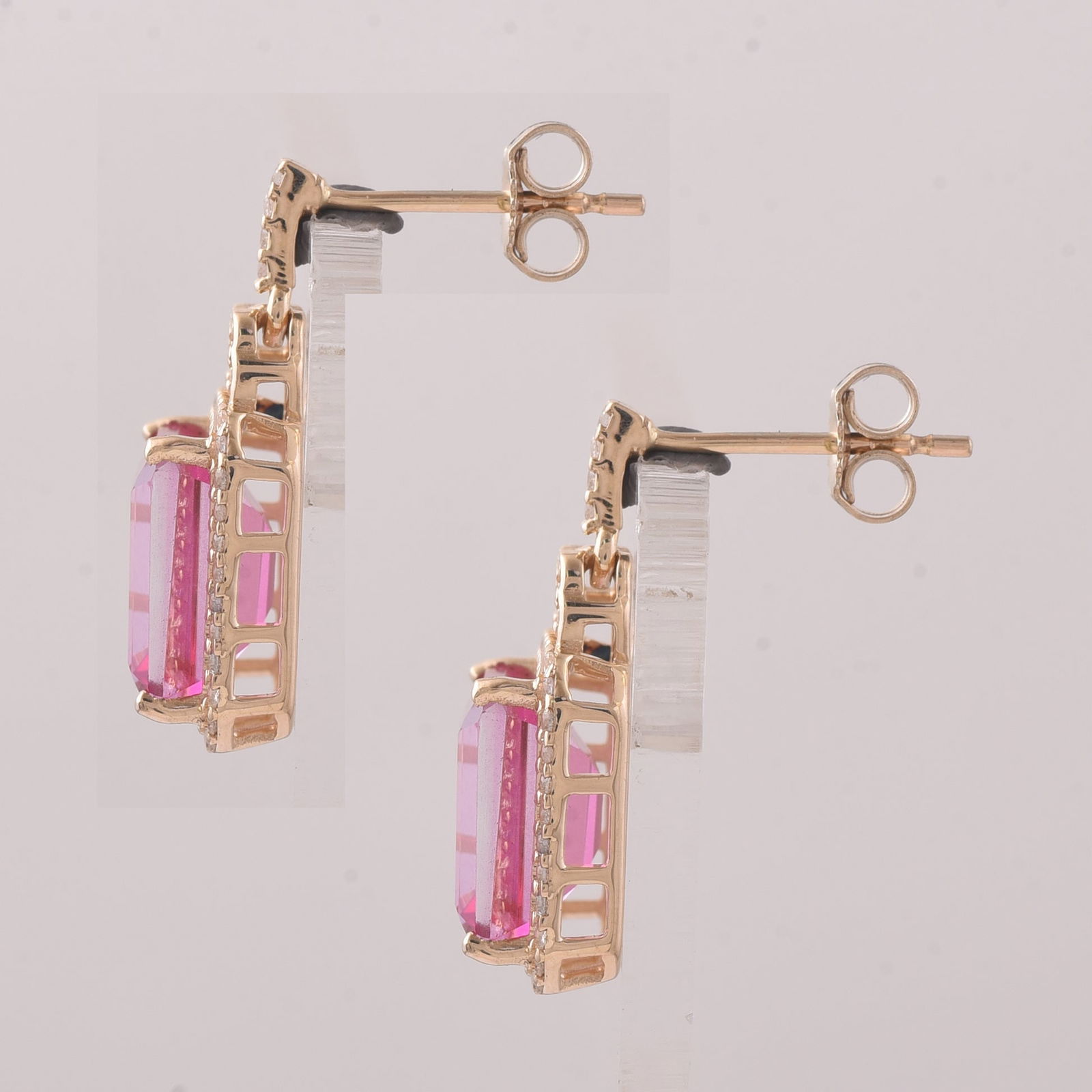 6.76 Ct Octagon Pink Topaz 9K Gold Earrings - 2