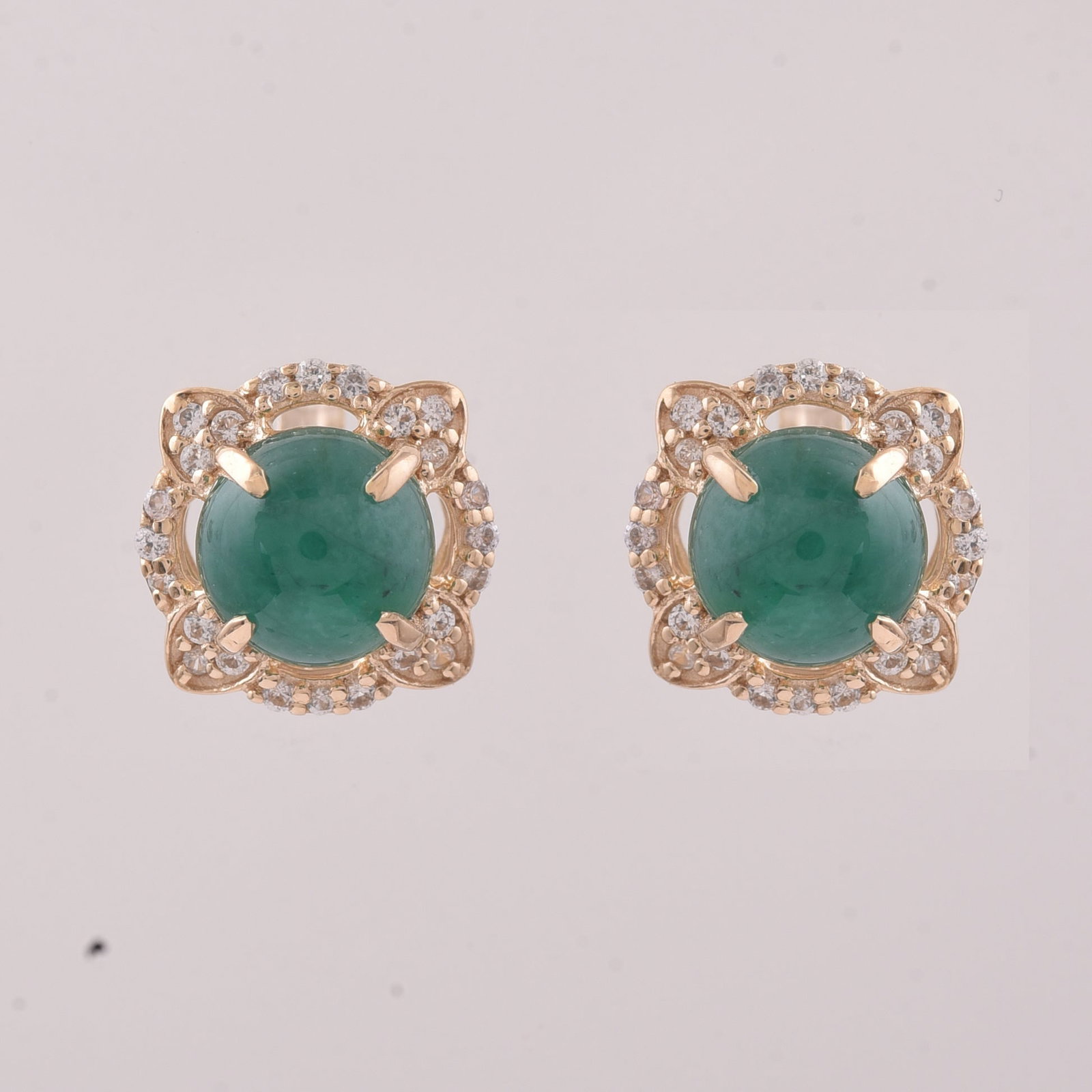 2.25 Ct Round Emerald 9K Gold Earrings: 2.25 Total Carat Emerald 9K Gold Earrings Specifications - Total Weight 1.781 g - Center Gemstone Emerald - Gemstone Carat Weight 2.05 Carats - Gemstone Measurements 6 mm - Additional Gemstones White