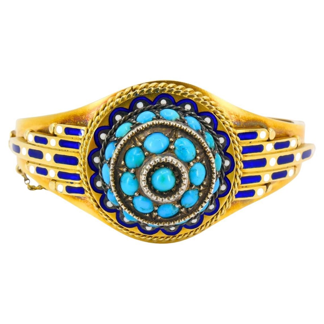 Vintage Turquoise Bracelet Enamel Bangle 14k Gold Silver Accents - 7