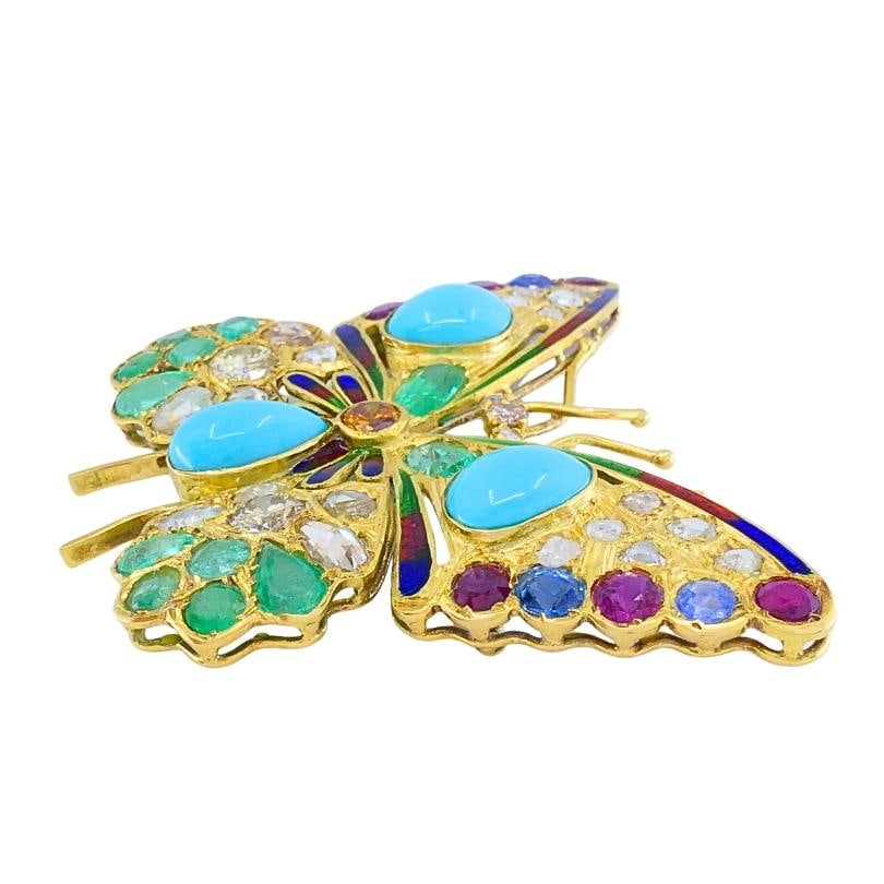 Vintage 18k Gold Multigem Butterfly Brooch Statement Insect Jewelry - 10
