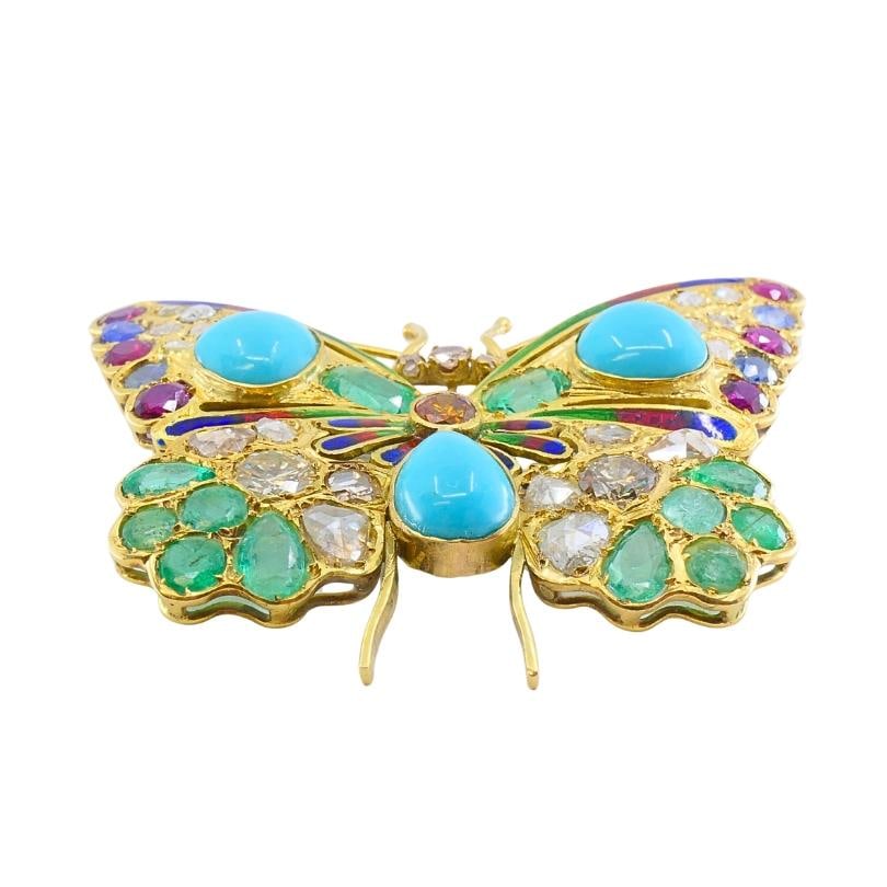 Vintage 18k Gold Multigem Butterfly Brooch Statement Insect Jewelry - 2