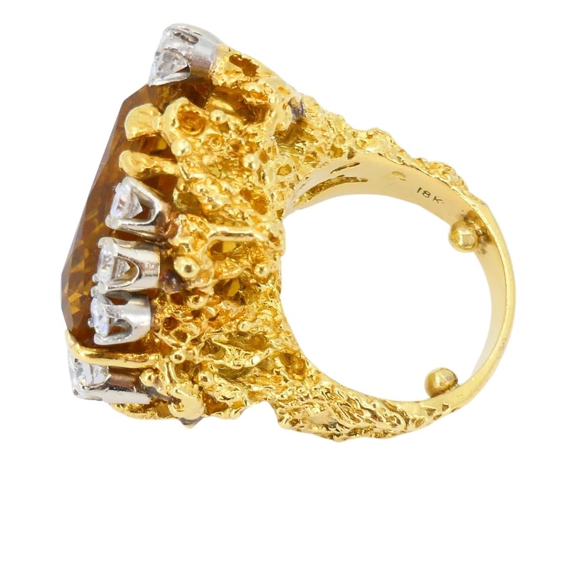 Vintage 18k Gold Citrine Diamond Ring Brutalist Design - 19