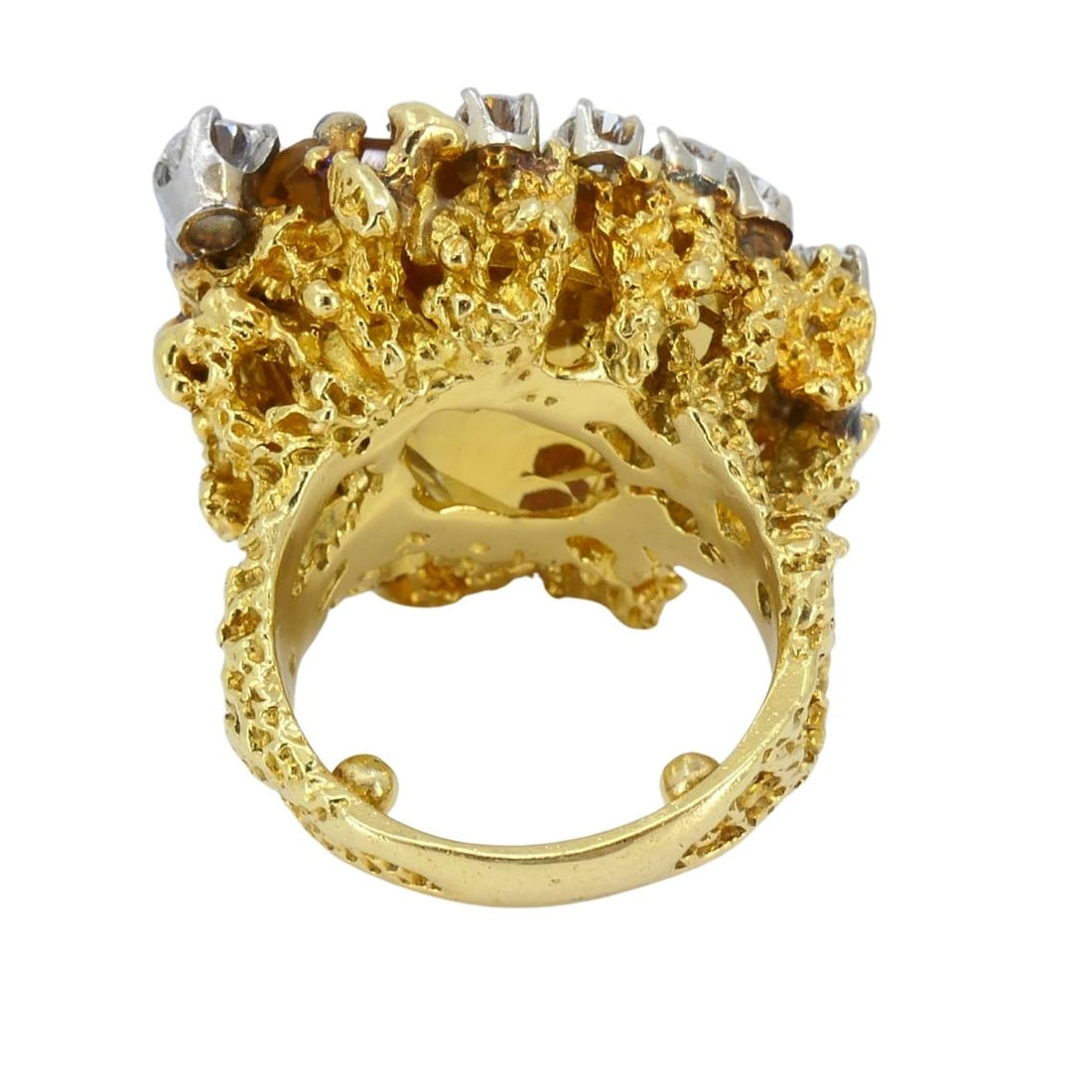 Vintage 18k Gold Citrine Diamond Ring Brutalist Design - 2