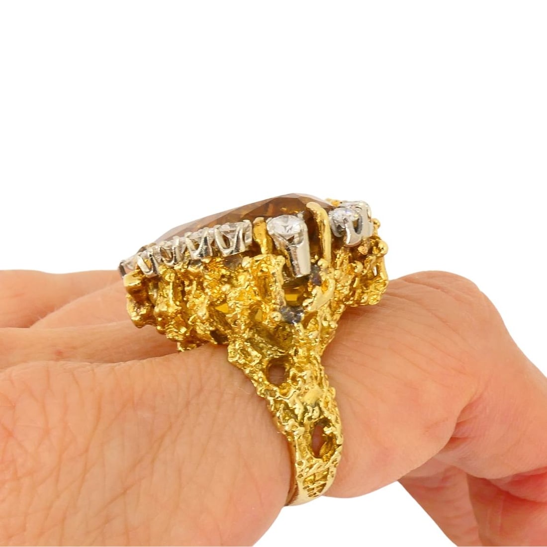 Vintage 18k Gold Citrine Diamond Ring Brutalist Design - 6