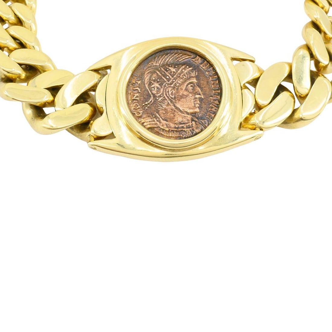 Vintage Bvlgari 18k Gold Monete Bronze Ancient Coin Curblink Bulgari Bracelet - 10