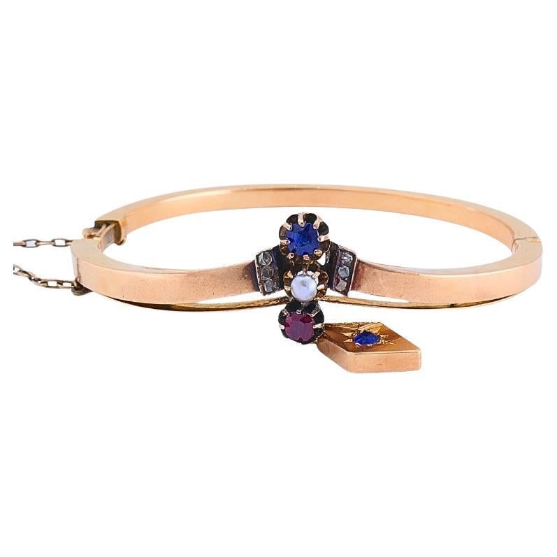 Victorian 14k Gold Gemstone Bangle Bracelet - 7