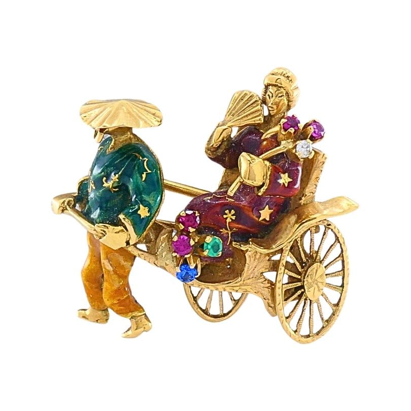Vintage 18k Gold Enamel Riksha Brooch Pin Gemstone Accents - 14