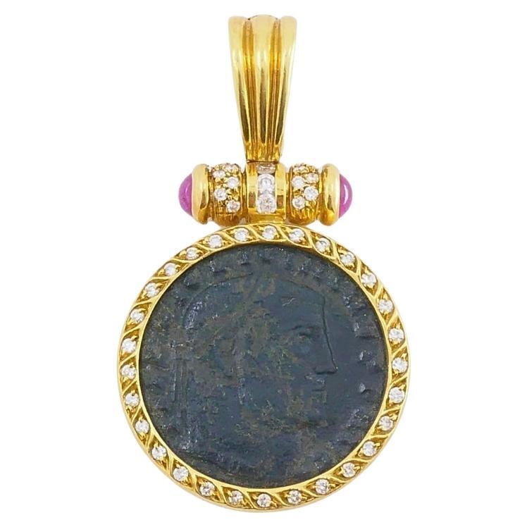 Ancient Coin 18k Gold Diamond Ruby Pendant - 7