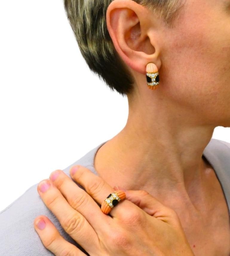 Vintage Cartier Set Coral Onyx Diamond 18k Gold Ring and Earrings Estate Jewelry - 9