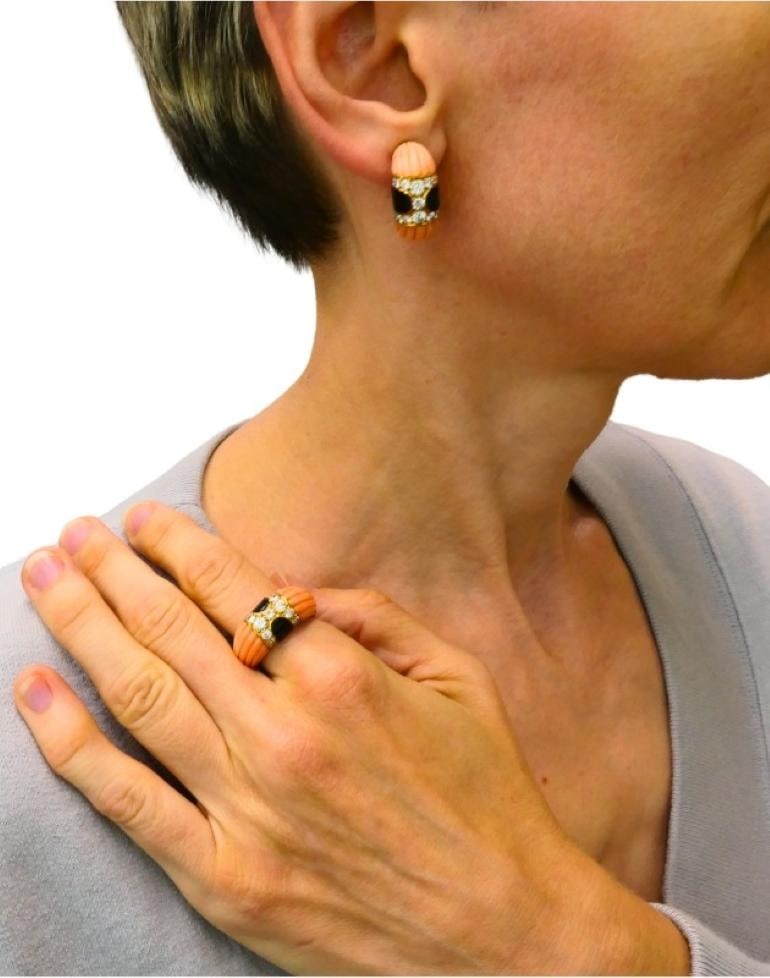 Vintage Cartier Set Coral Onyx Diamond 18k Gold Ring and Earrings Estate Jewelry - 11