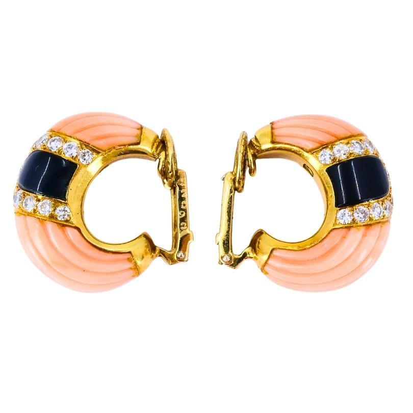 Vintage Cartier Set Coral Onyx Diamond 18k Gold Ring and Earrings Estate Jewelry - 12
