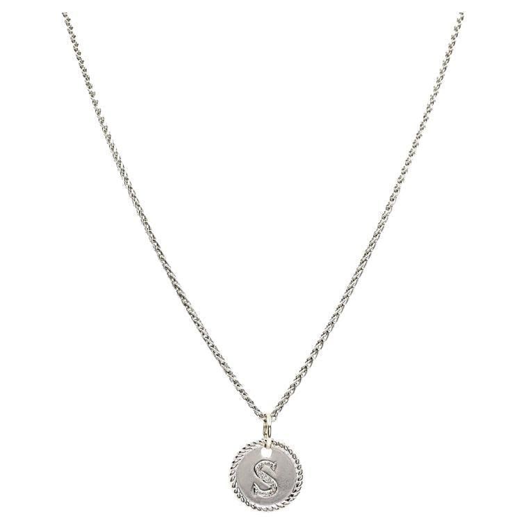 18k White Gold Monogram "S" Pendant Necklace: About the Item Elegant 18K white gold necklace featuring a twisted chain and a round, monogrammed "S" pendant bordered with a classic rope design. This refined piece offers a personalized touch,