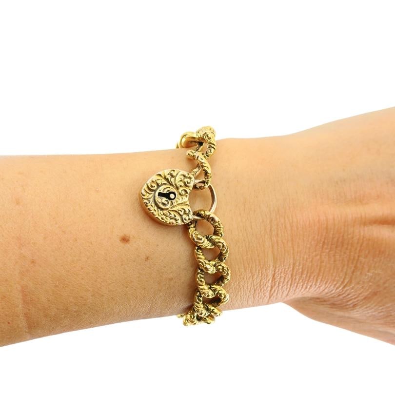 Vintage 14k Gold Heart Lock Link Bracelet - 9