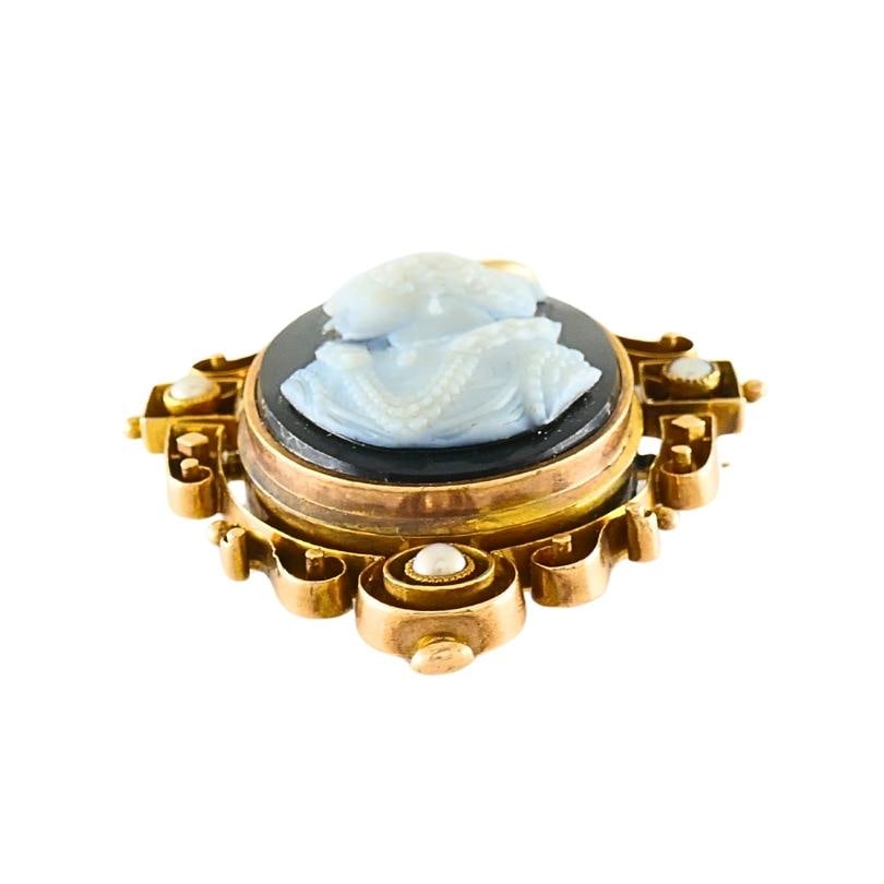 Antique 12k Gold Agate Cameo Pendant Brooch Seed Pearls - 12