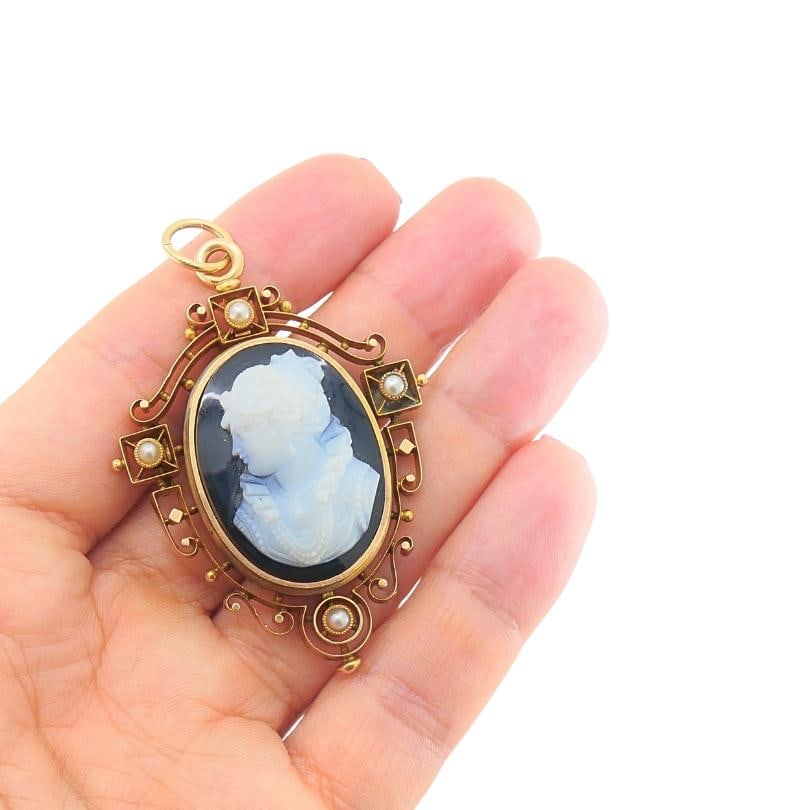 Antique 12k Gold Agate Cameo Pendant Brooch Seed Pearls - 19