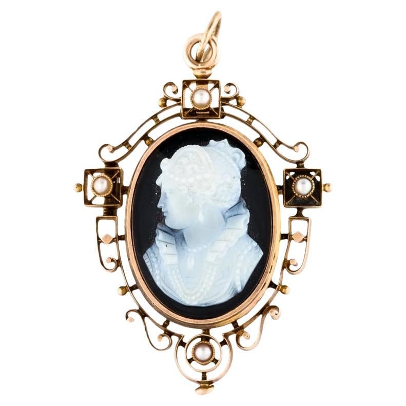 Antique 12k Gold Agate Cameo Pendant Brooch Seed Pearls - 7