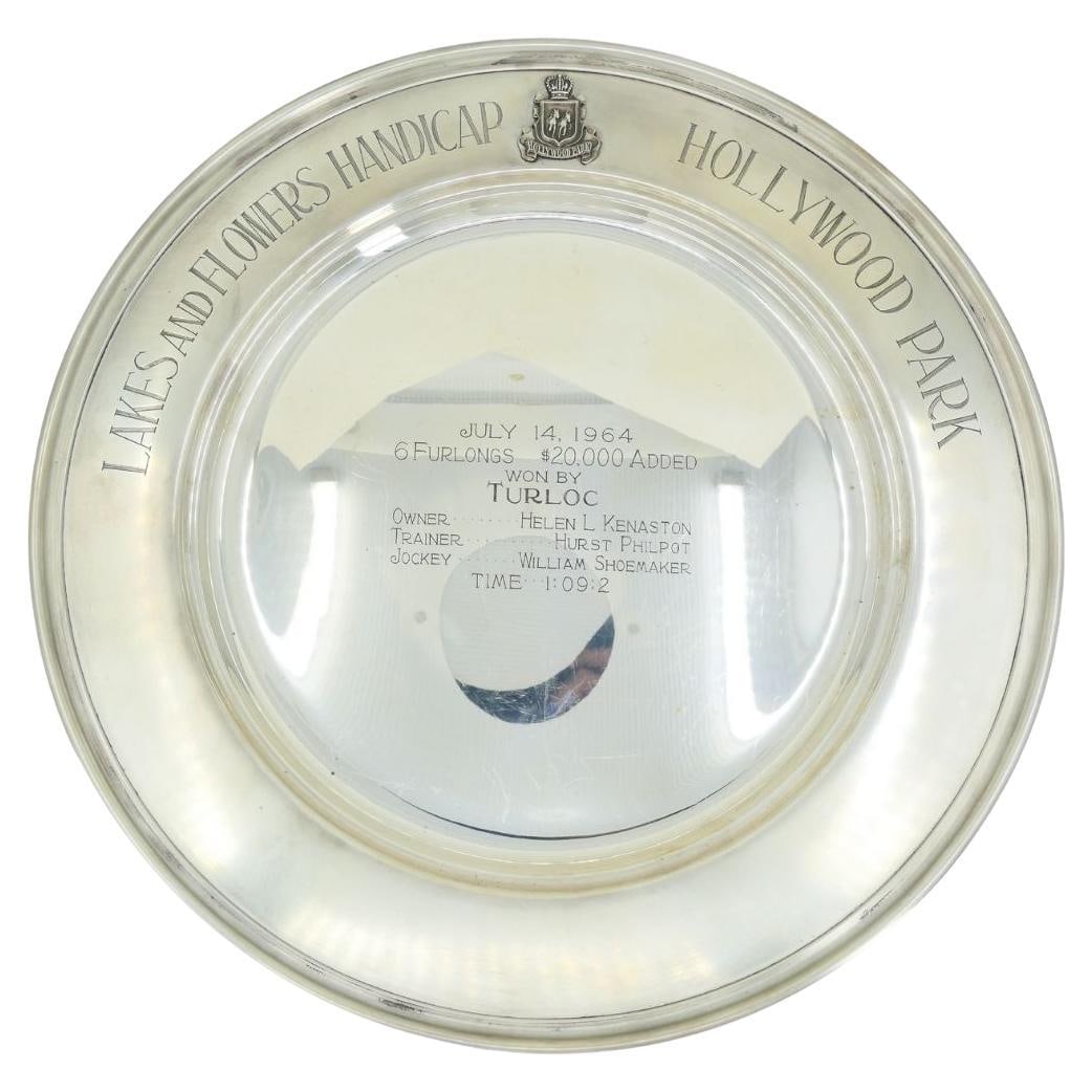 1964 Sterling Silver Lakes and Flowers Handicap Hollywood Park Trophy Plate: About the Item Sterling Silver Trophy Plate by Shreve & Co., San Francisco, commemorating the 1964 Lakes and Flowers Handicap at Hollywood Park, won by Turloc under jockey William Shoemaker. A