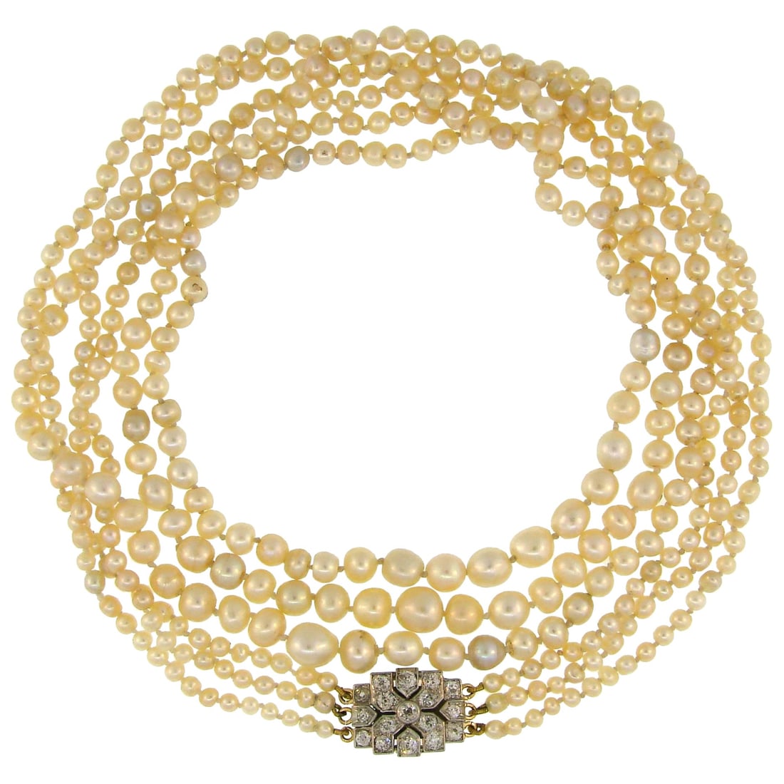 Victorian Natural Saltwater Pearl Necklace with Diamond Clasp: About the Item Victorian natural pearl necklace with a gorgeous clasp. Features three strands of natural pearls culminating with a diamond clasp set in platinum and yellow gold. The pearls come with a