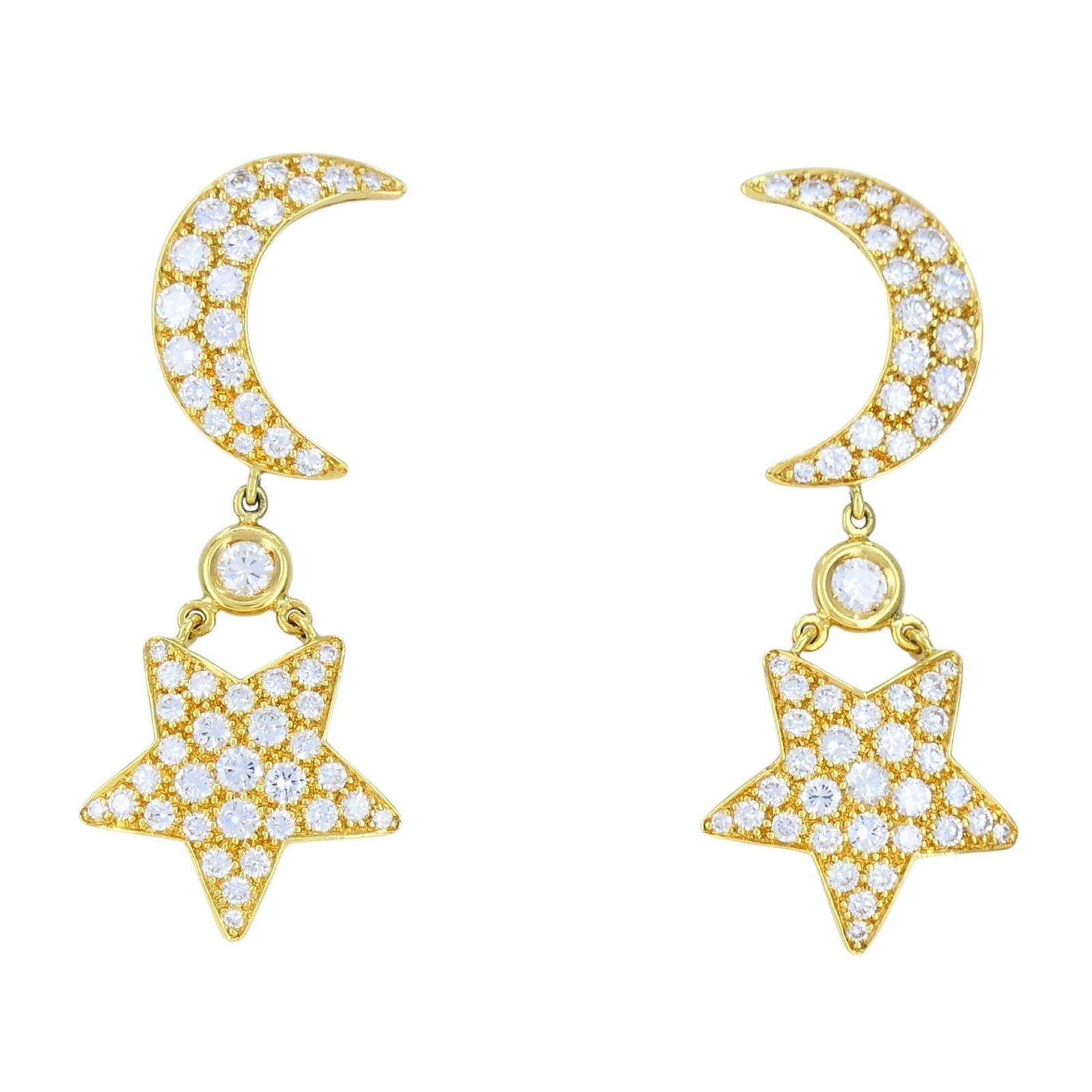 Mouawad 18k Gold Diamond Moon Star Celestial Drop Earrings: About the Item These vintage Mouawad earrings feature a celestial design crafted in 18k yellow gold, stamped 750, Mouawad, and a maker’s mark. Each earring showcases a crescent moon set with
