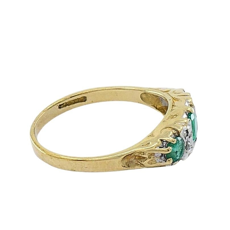Vintage 9k Gold Emerald Diamond Three-Stone Ring - 2