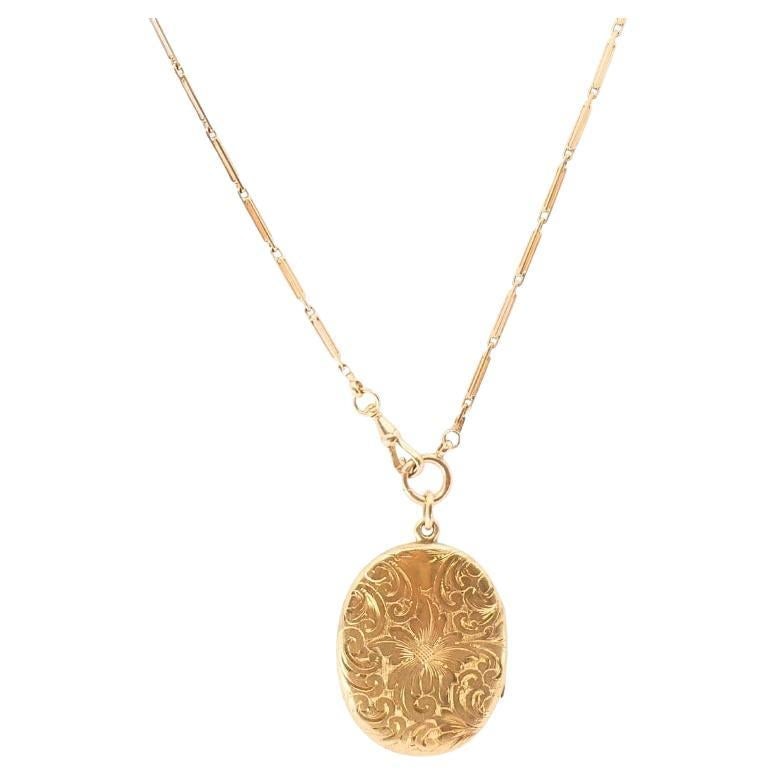 14k Gold Engraved Locket Pendant Gold Antique Watch Chain (1 of 19)