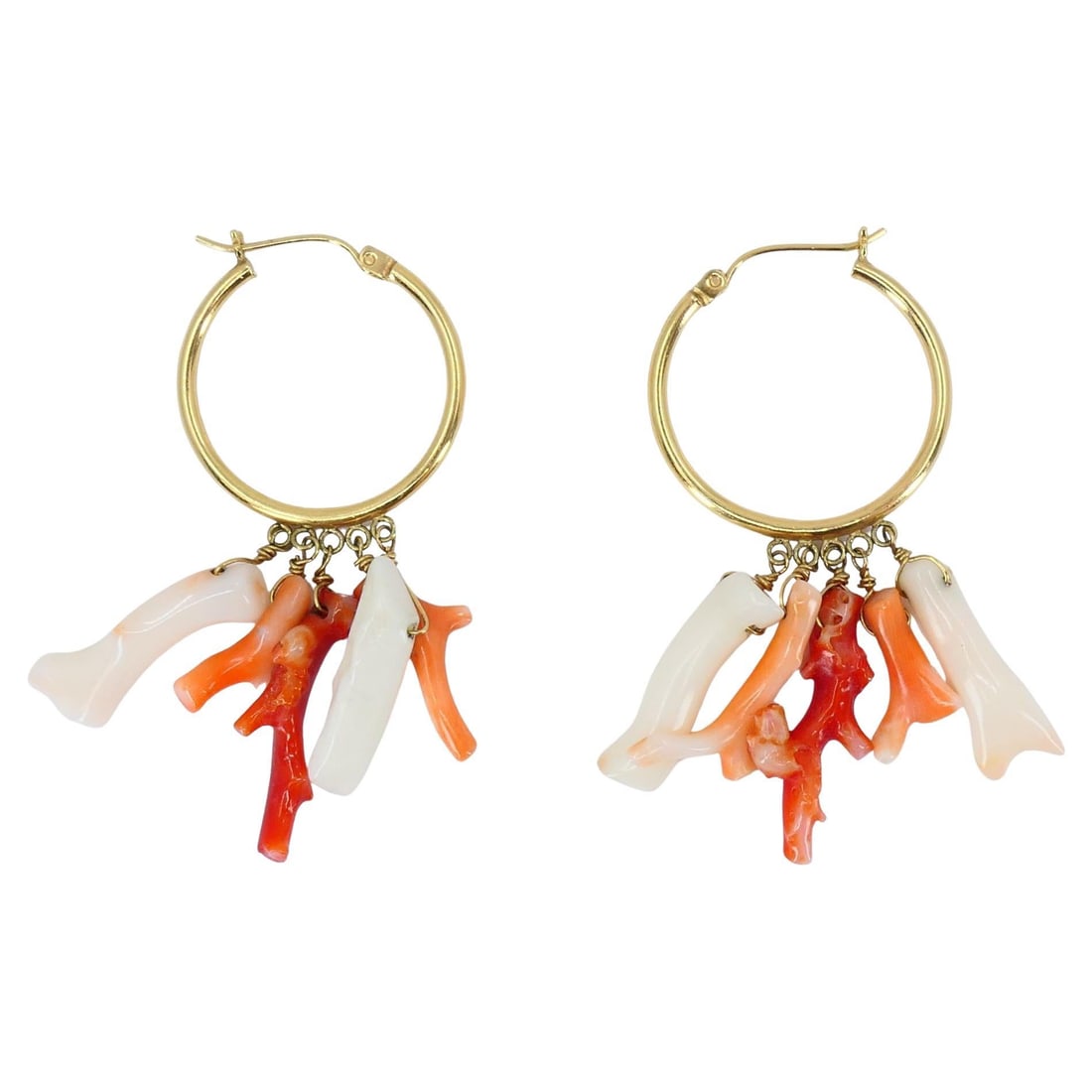 Vintage 10k Gold Hoop Coral Earrings: About the Item These earrings are a wonderful example of mid-20th century jewelry design, most likely dating from the 1960s to 1970s. The use of natural coral branches in white, orange, and red