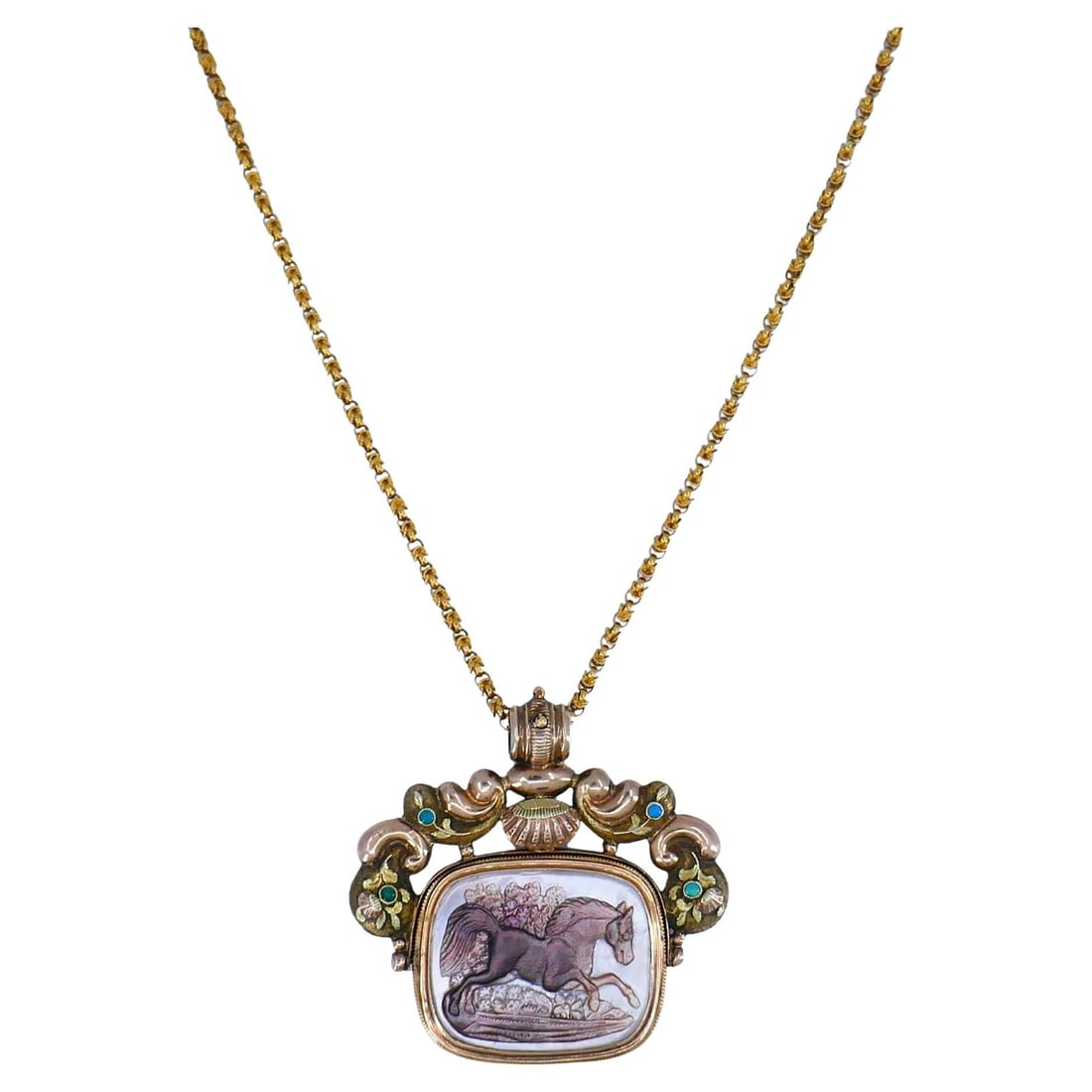 Antique Victorian Gold Mother of Pearl Equestrian Pendant Chain Necklace: About the Item This antique pendant necklace combines intricate artistry with substantial gold weight, making it both a wearable jewel and a collector’s treasure. The pendant is crafted in 14k