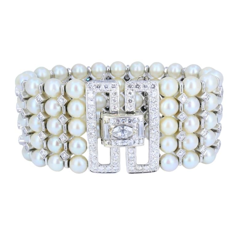 Vintage 1950s 14k White Gold Pearl and Diamond Bracelet Estate Jewelry (1 of 19)