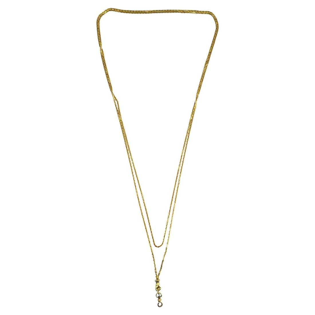 Victorian 18k Gold French Watch Chain Necklace: About the Item This antique French Victorian watch chain necklace is crafted in solid 18k yellow gold and features a classic long chain design. Measuring 53 inches in length, the chain offers versatil