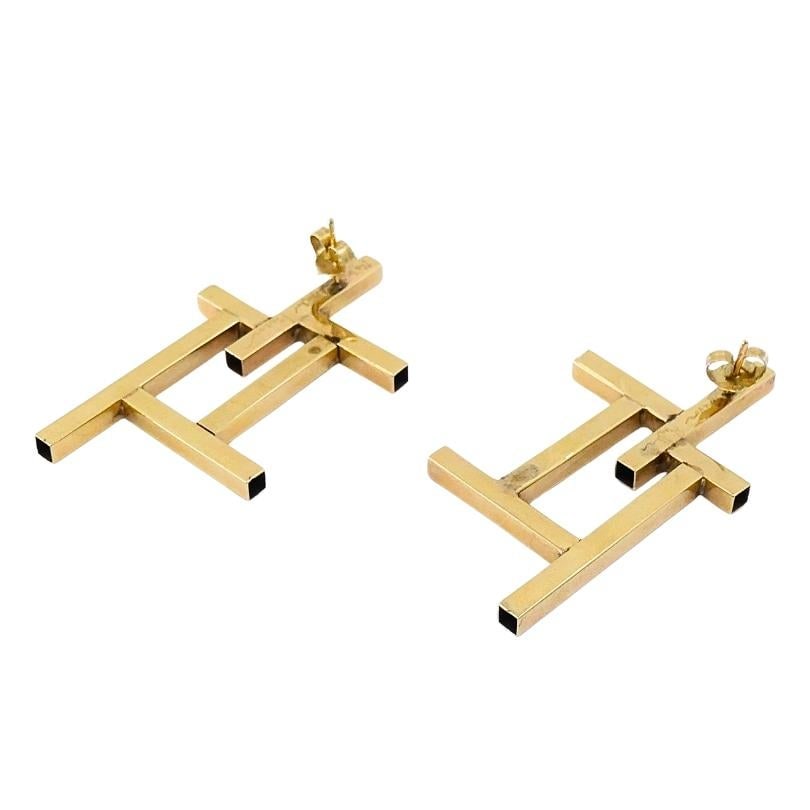 14k Gold Geometric Earrings Frame Design - 2