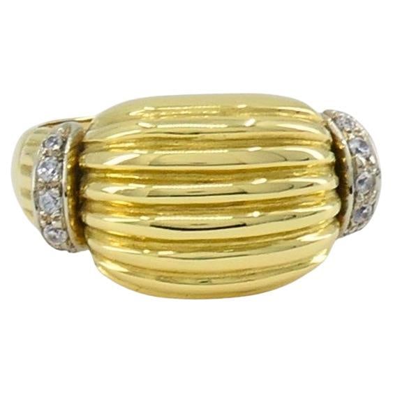 Vintage Gold Ring Diamond French Jewelry Dome Ring: About the Item This vintage French ring is made from 18k yellow and white gold and has a bold, structured look. The front of the band features a domed section of raised horizontal ridges, creating an